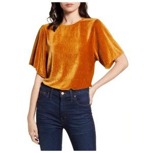 Madewell Texture & Thread Crinkle Velvet Flutter Sleeve Top in Burnished Caramel